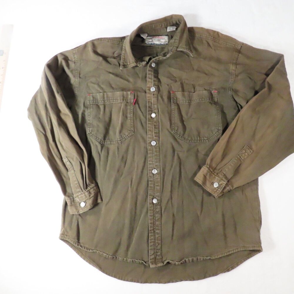 Jordin Vintage 1970s Mens M Olive Green Long Sleeve Cotton Button Down Shirt